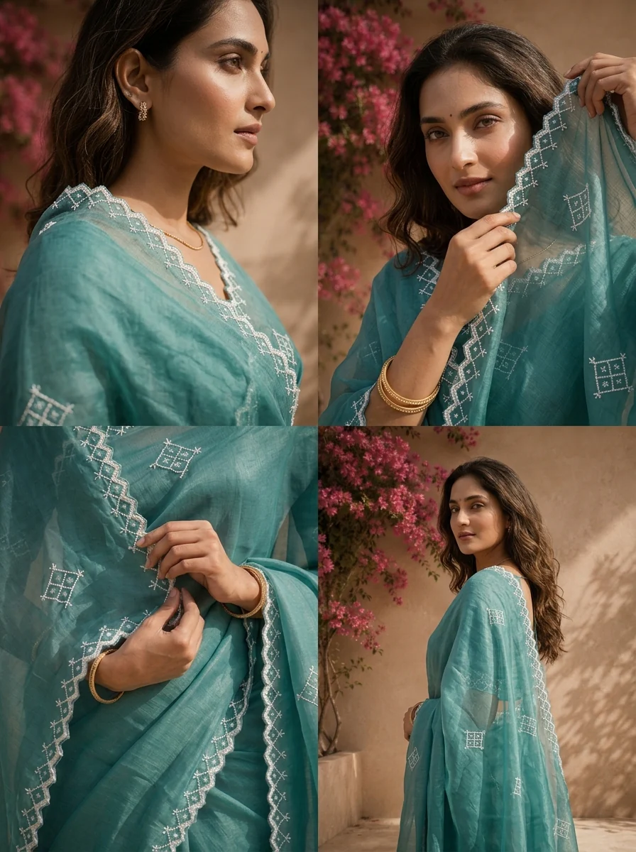 Sea Green Organza Geometric Thread Embroidered Saree - Image 4