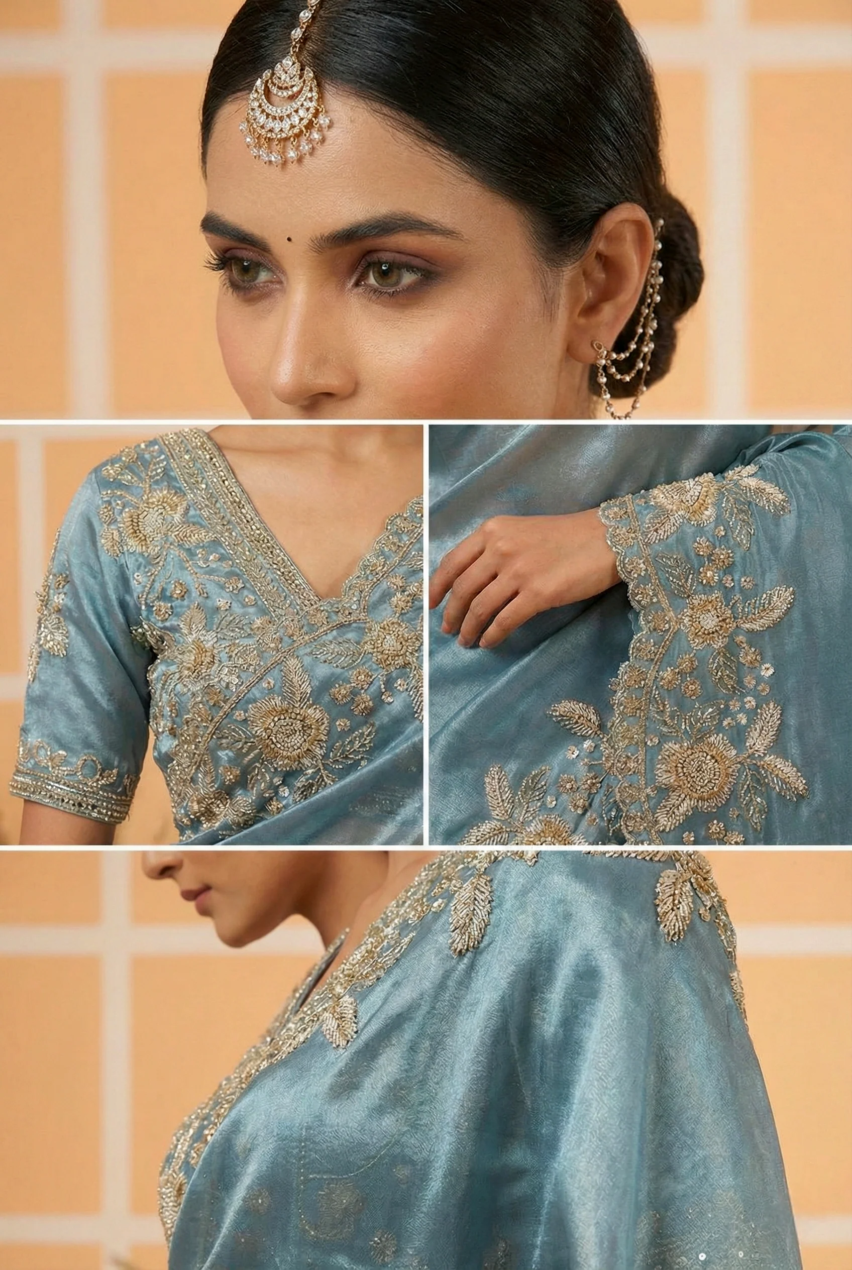 Sea Green Organza Heavy Zari Floral Embroidery Saree - Image 2
