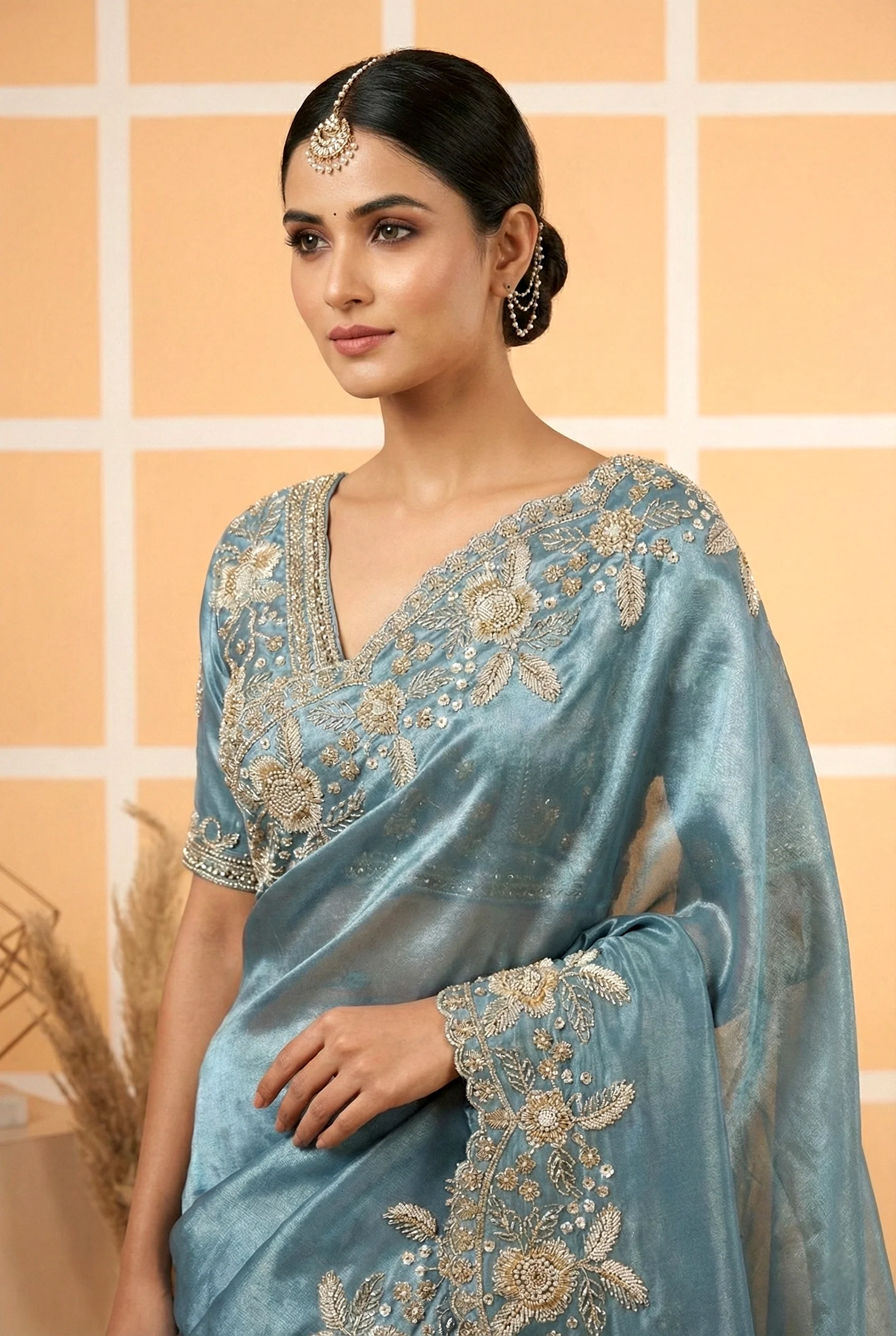 Sea Green Organza Heavy Zari Floral Embroidery Saree - Image 3
