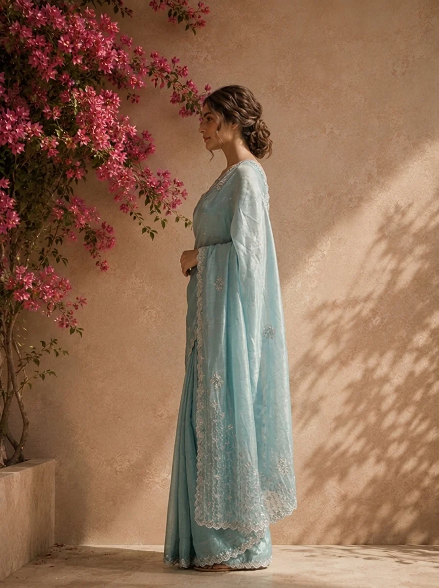 Sea Green Organza Scattered Stone Embroidered Saree With Scallop Border - Image 2