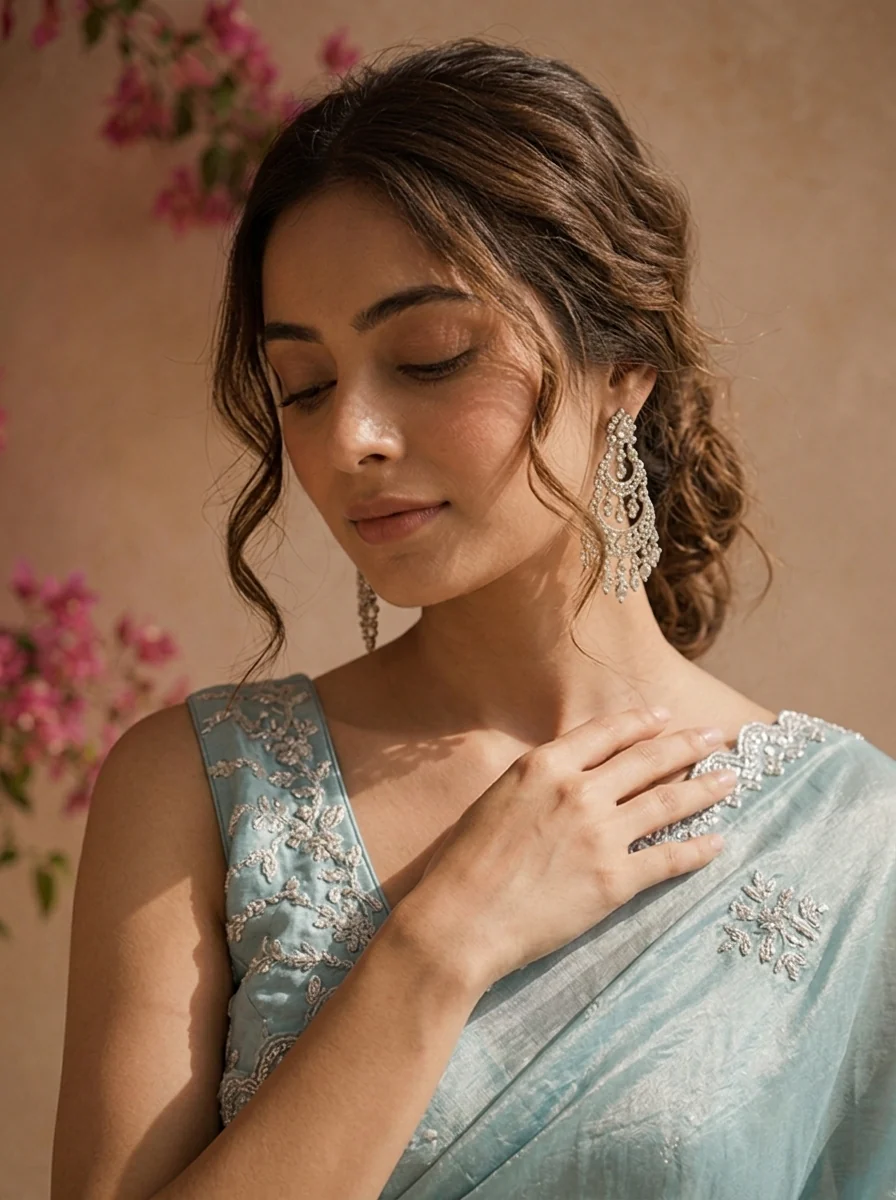 Sea Green Organza Scattered Stone Embroidered Saree With Scallop Border - Image 3