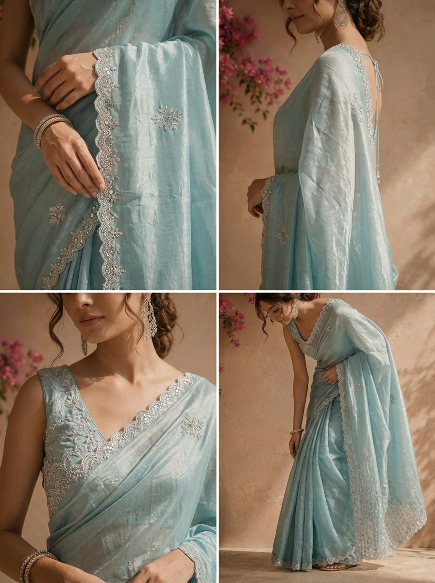 Sea Green Organza Scattered Stone Embroidered Saree With Scallop Border - Image 4