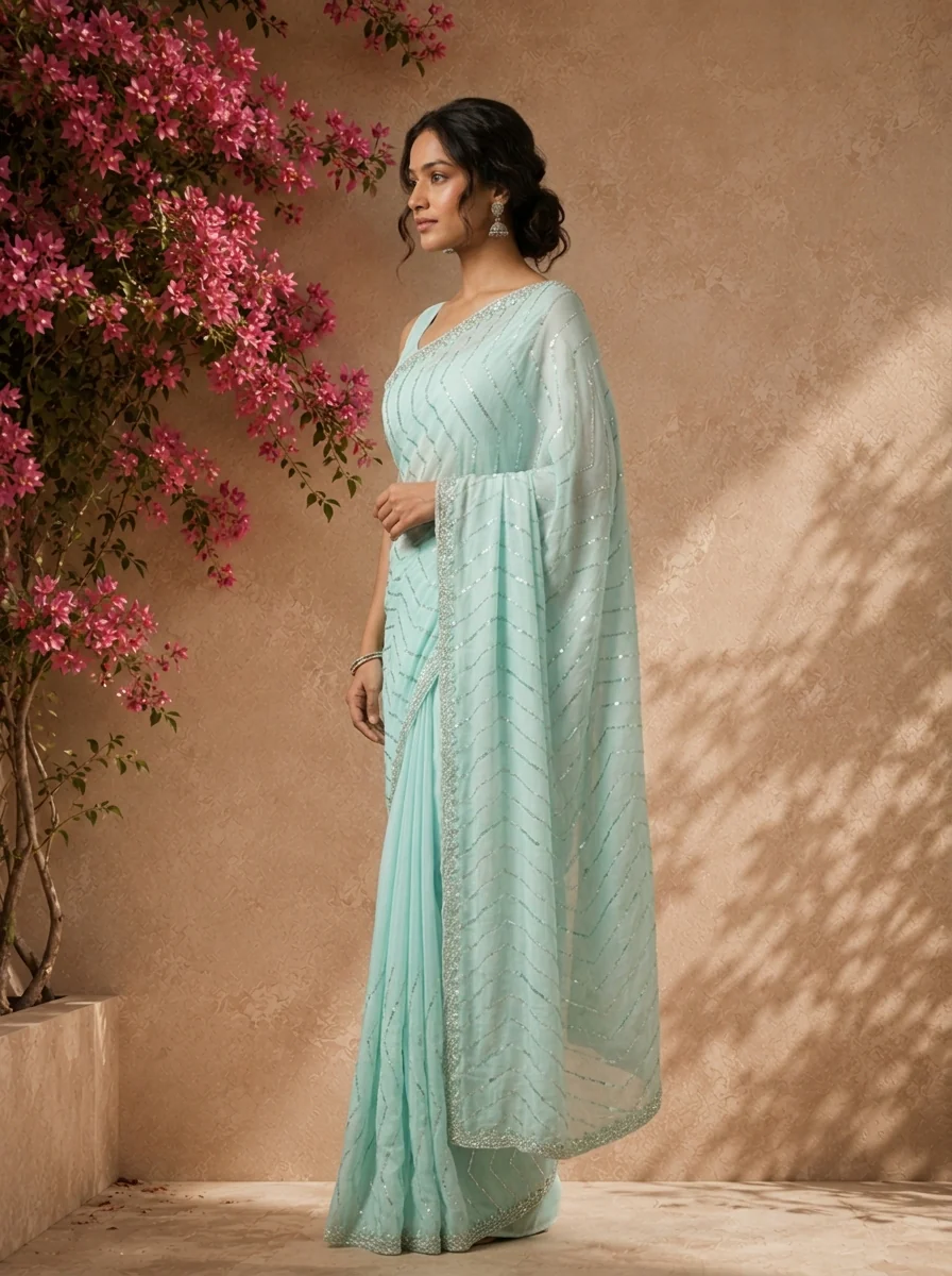 Sea Green Organza Sequin Embroidered Saree - Image 2