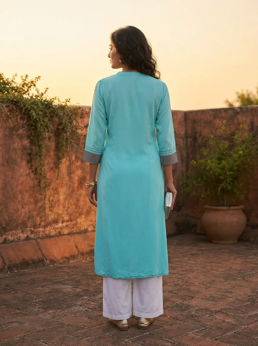 Sea Green Rayon Pintuck Striped Embroidered Kurta - Image 3