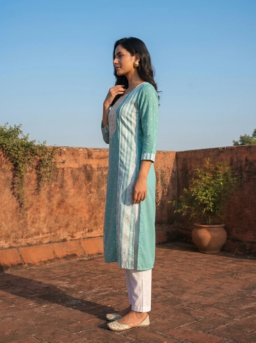 Sea Green Rayon Polka Dot Printed Kurta - Image 4