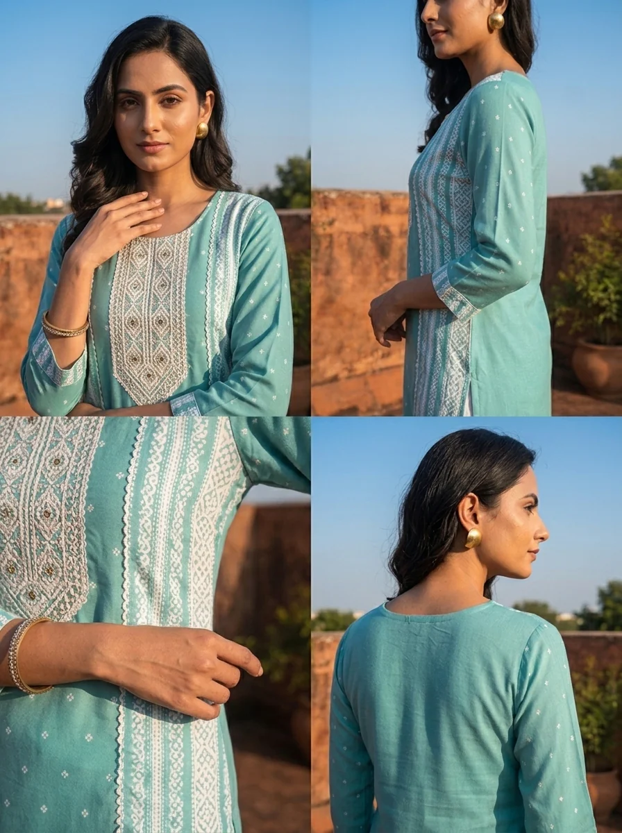 Sea Green Rayon Polka Dot Printed Kurta - Image 5