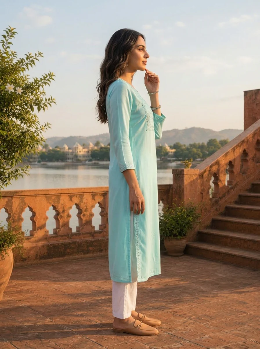 Sea Green Rayon Rectangular Sequin Embroidered Kurta - Image 4