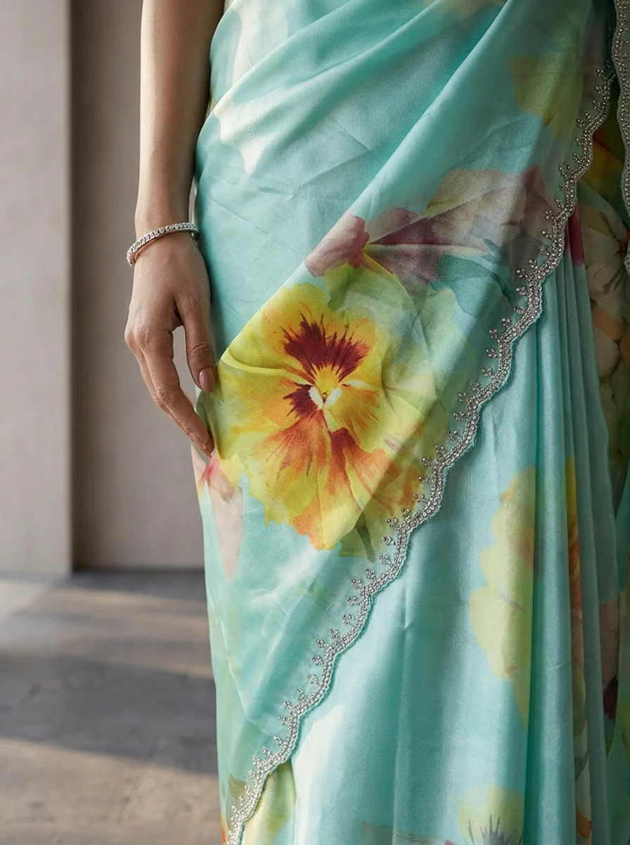 Sea Green Satin Floral Printed Saree - Image 4