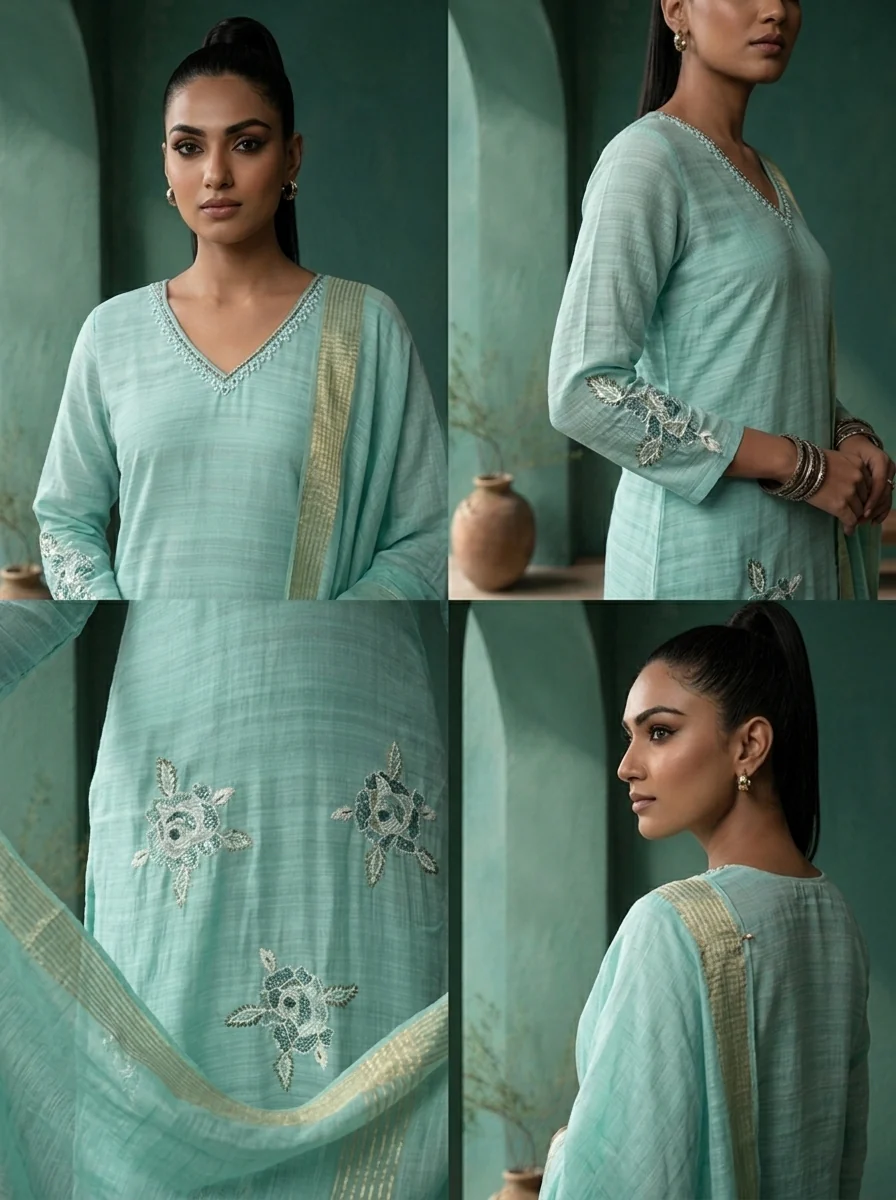 Sea Green Silk Floral Motif Embroidered Three Piece Set - Image 5