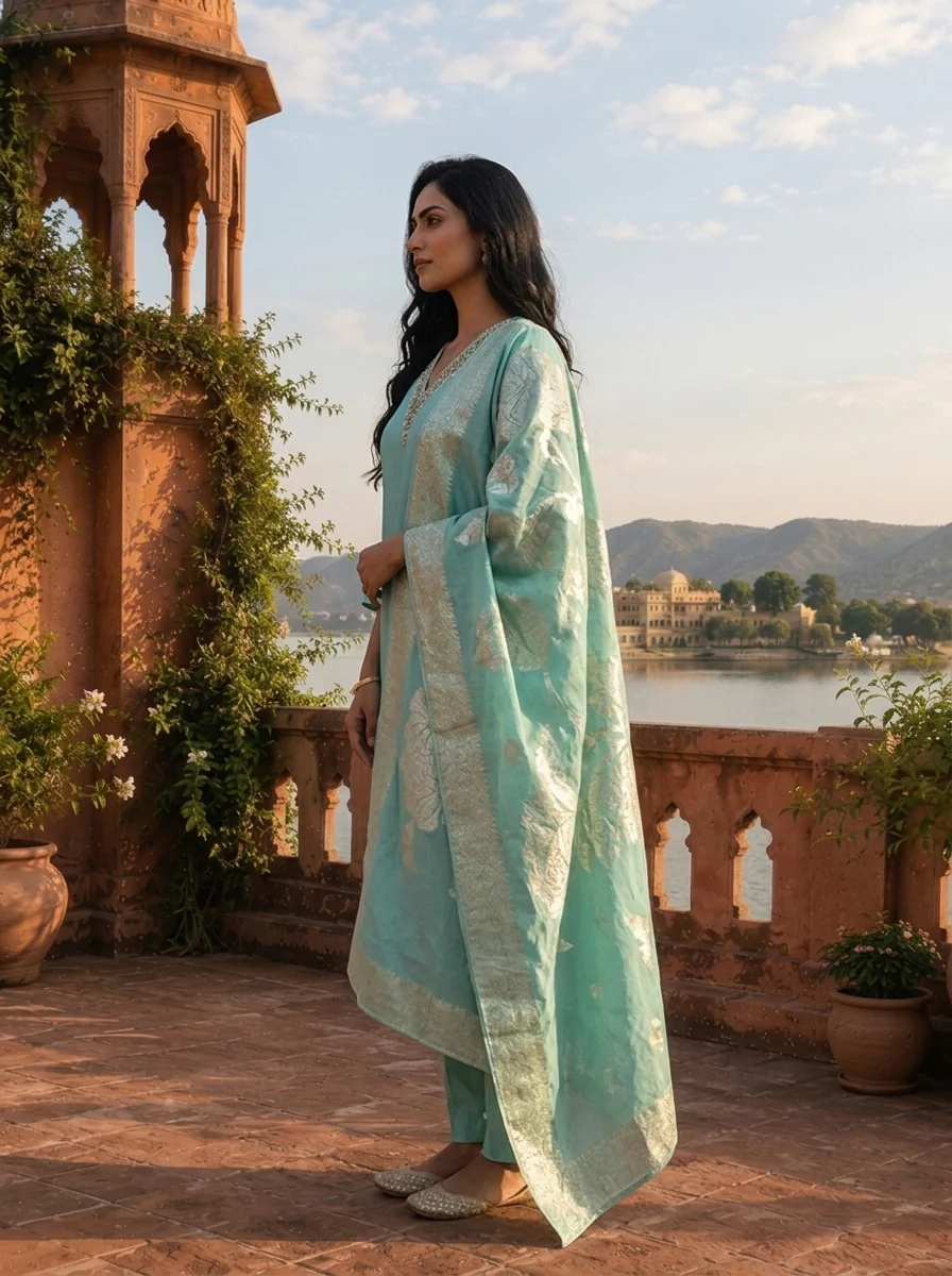 Sea Green Silk Stone Embroidered Three Piece Set - Image 4