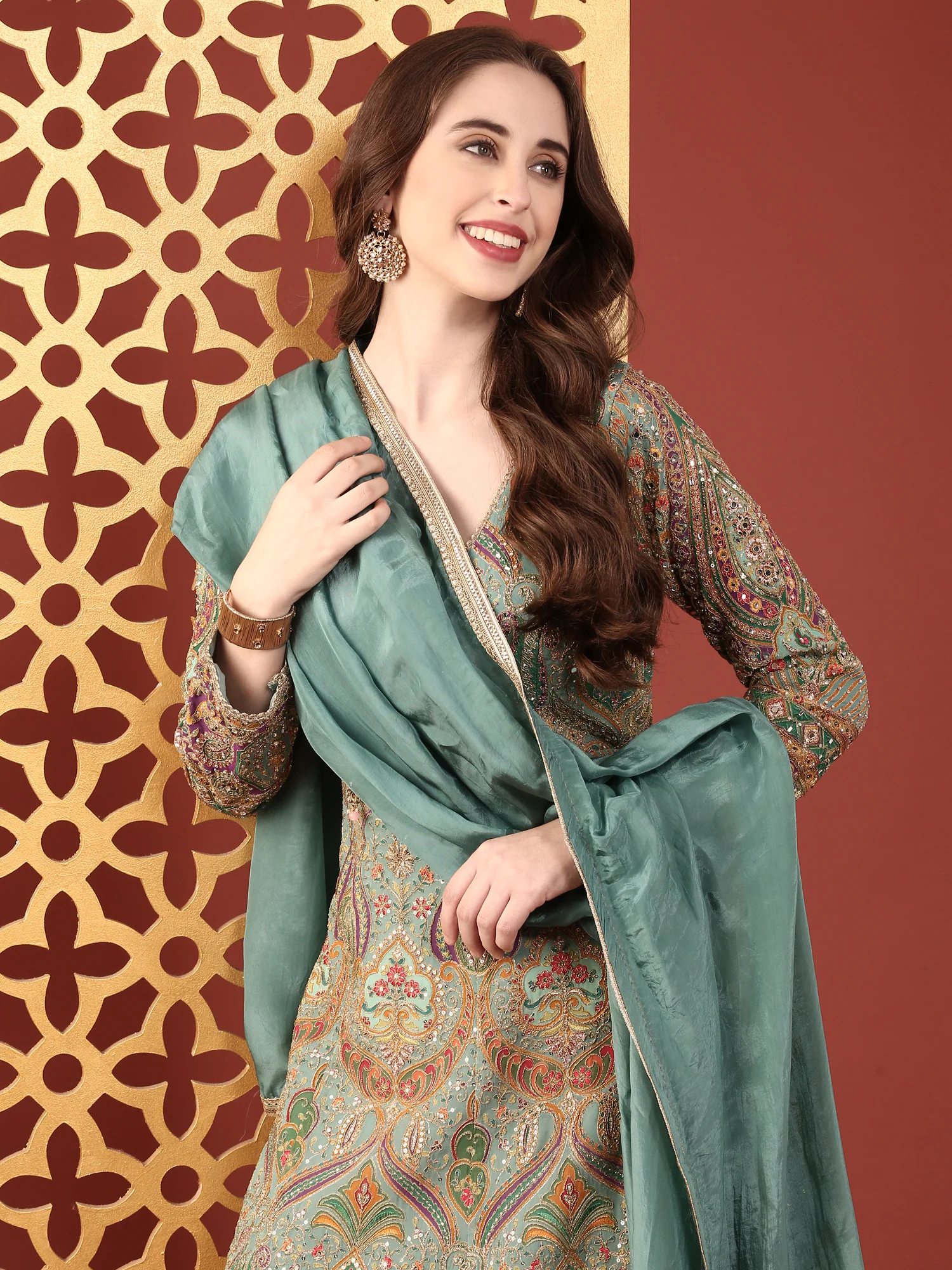 Sea Green Silk Zari Embroidered Anarkali Set - Image 6