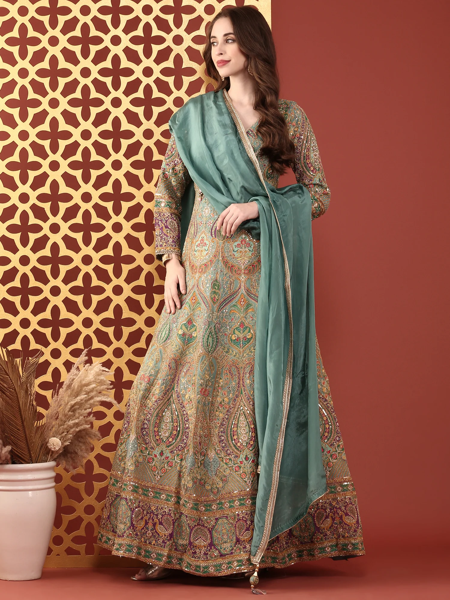 Sea Green Silk Zari Embroidered Anarkali Set - Image 7