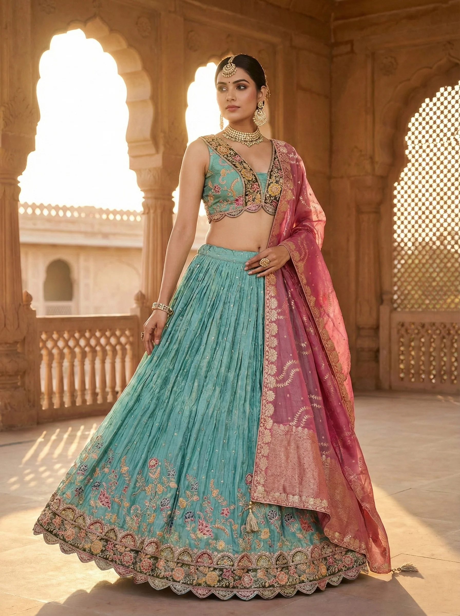 Sea Green Tissue Embroidery Ghagra Set - Image 5