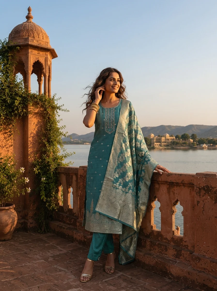 Sea Green Tissue Paisley With Floral Motifs Weaved Three Piece Set - Image 2