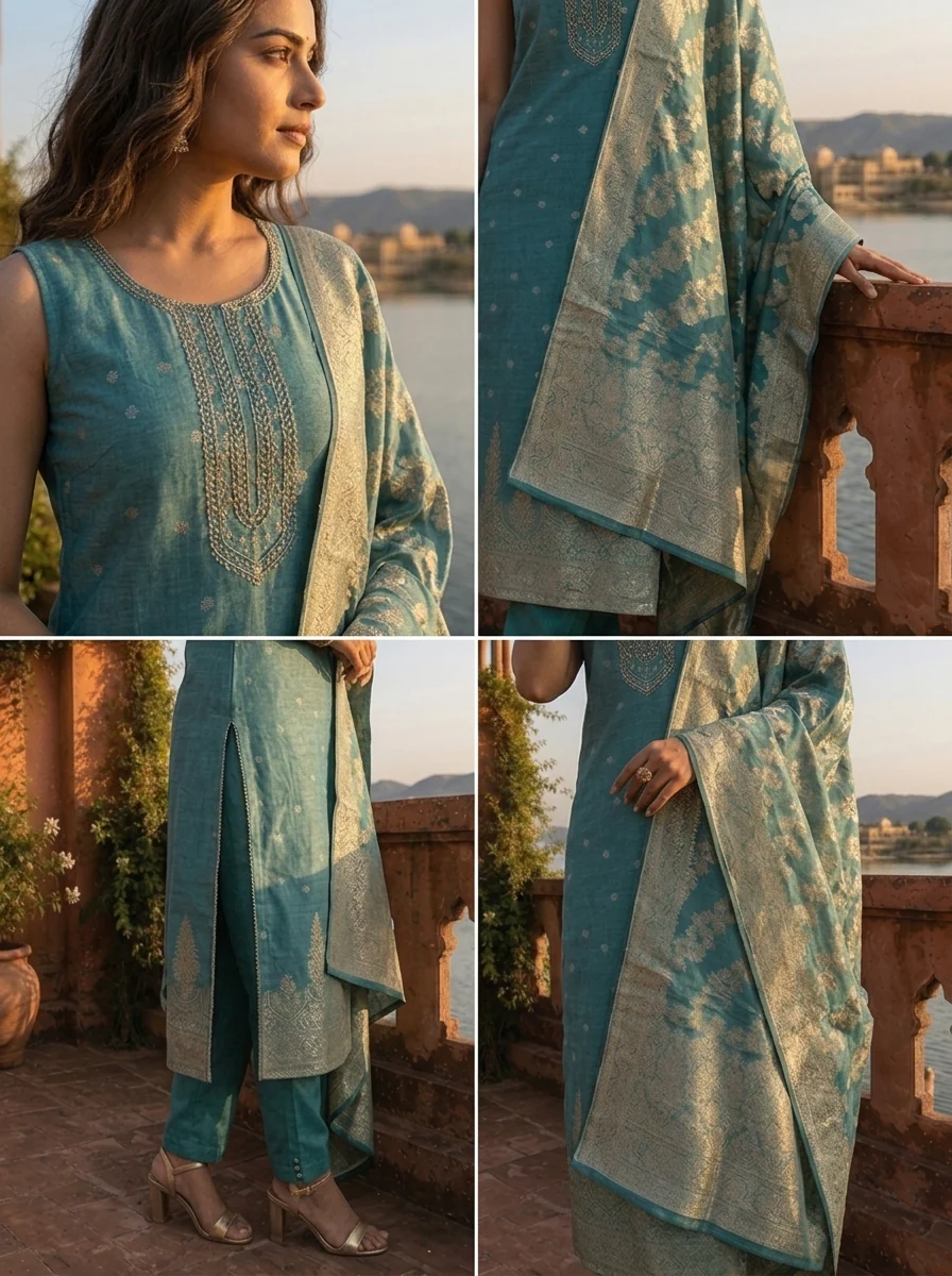 Sea Green Tissue Paisley With Floral Motifs Weaved Three Piece Set - Image 4