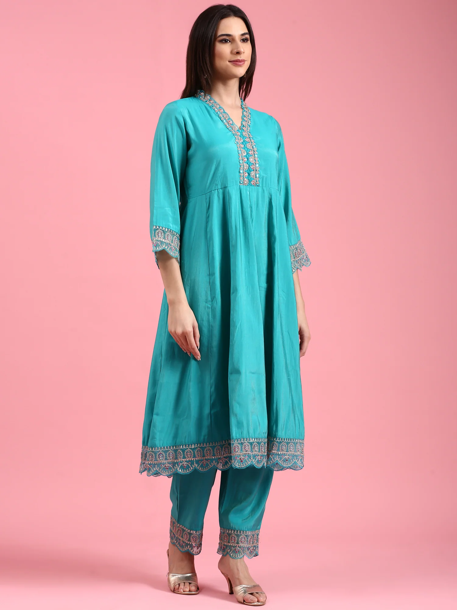 Sea Green Vichithraa Silk Anarkali Three Piece Suit Set - Image 2