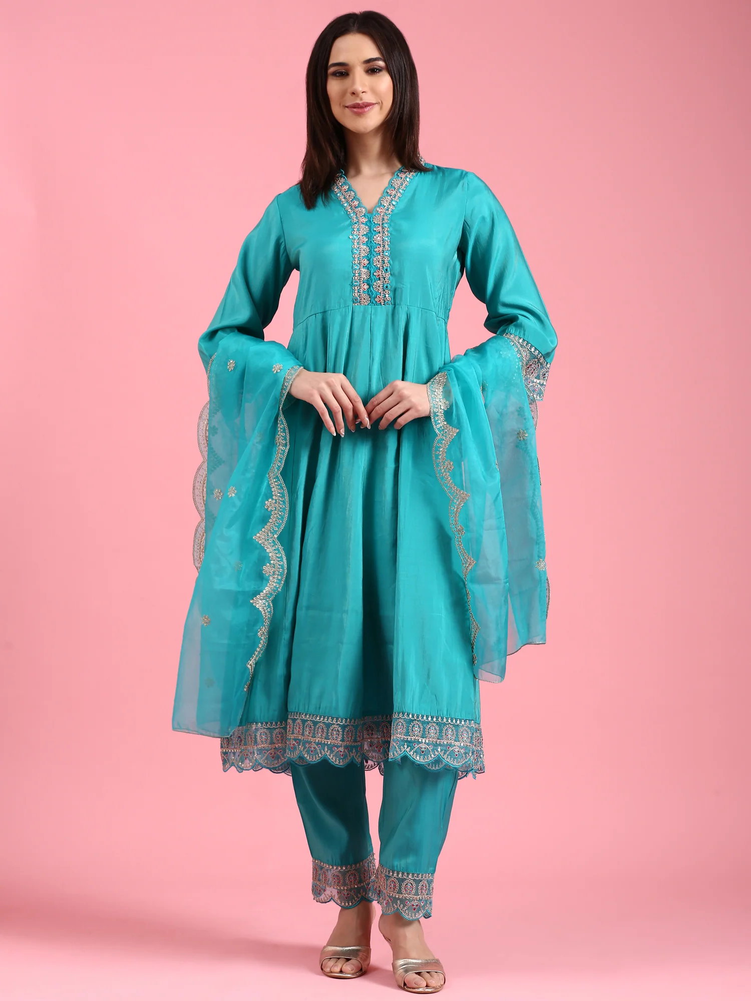 Sea Green Vichithraa Silk Anarkali Three Piece Suit Set - Image 5
