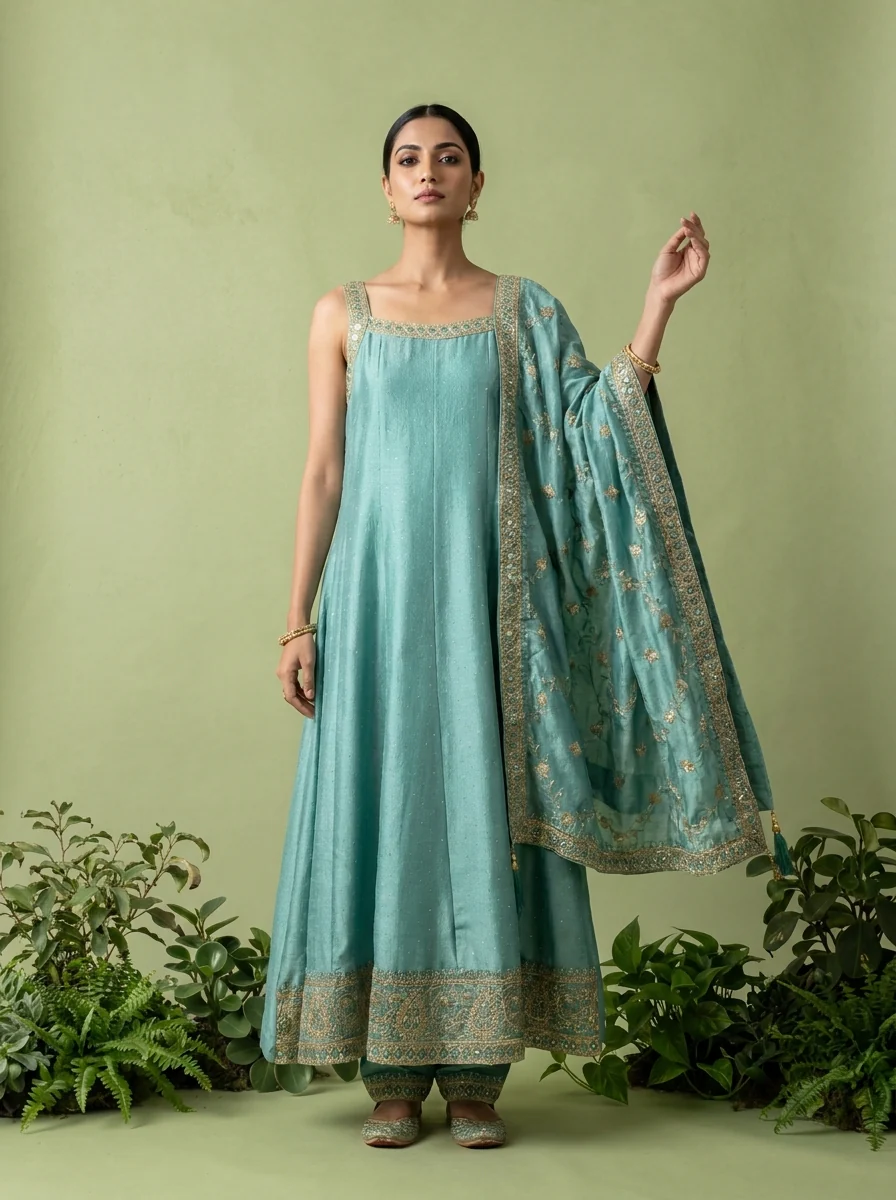 Sea Green Zari Paisley Design And Sequins Embroidery Silk Three Piece Set - Image 2