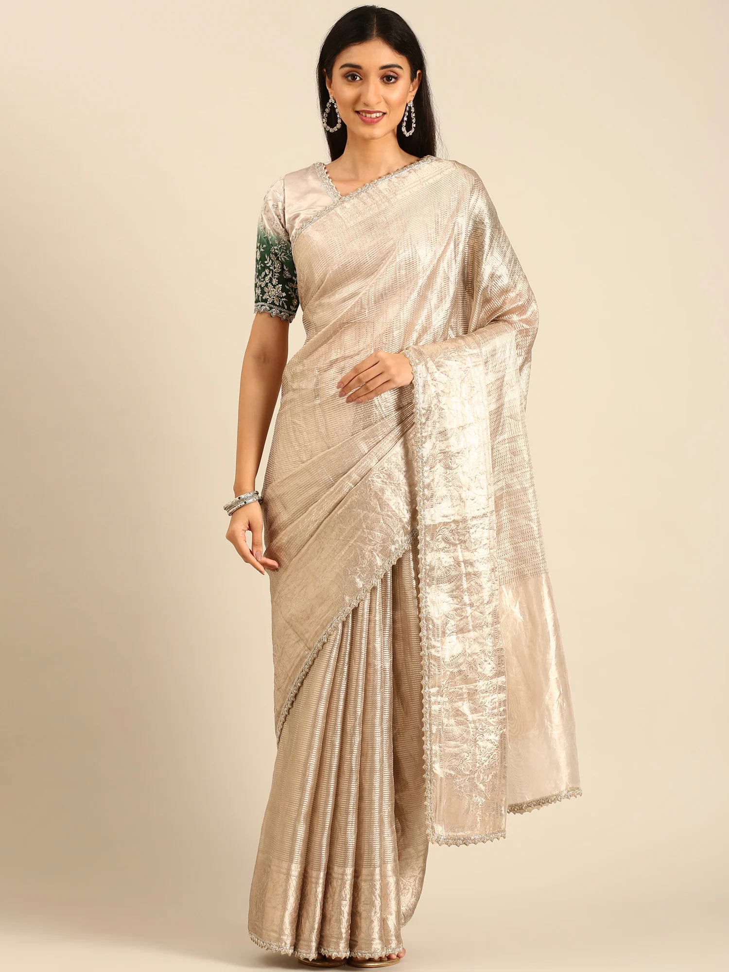 Silver Tissue Saree Silver Zari Allover Work Heavy Green Contrast Blouse Readymade Blouse