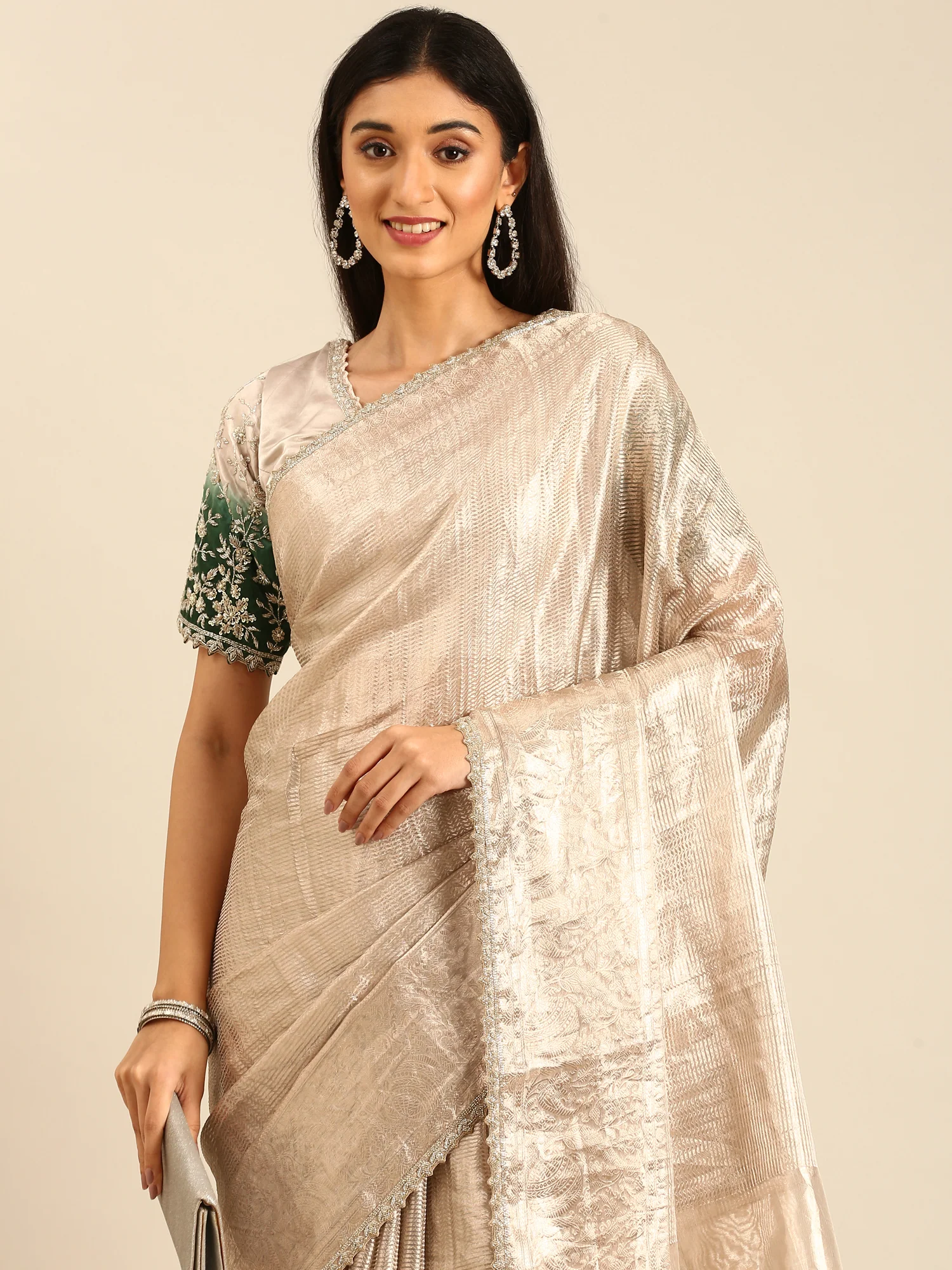 Silver Tissue Saree Silver Zari Allover Work Heavy Green Contrast Blouse Readymade Blouse - Image 3