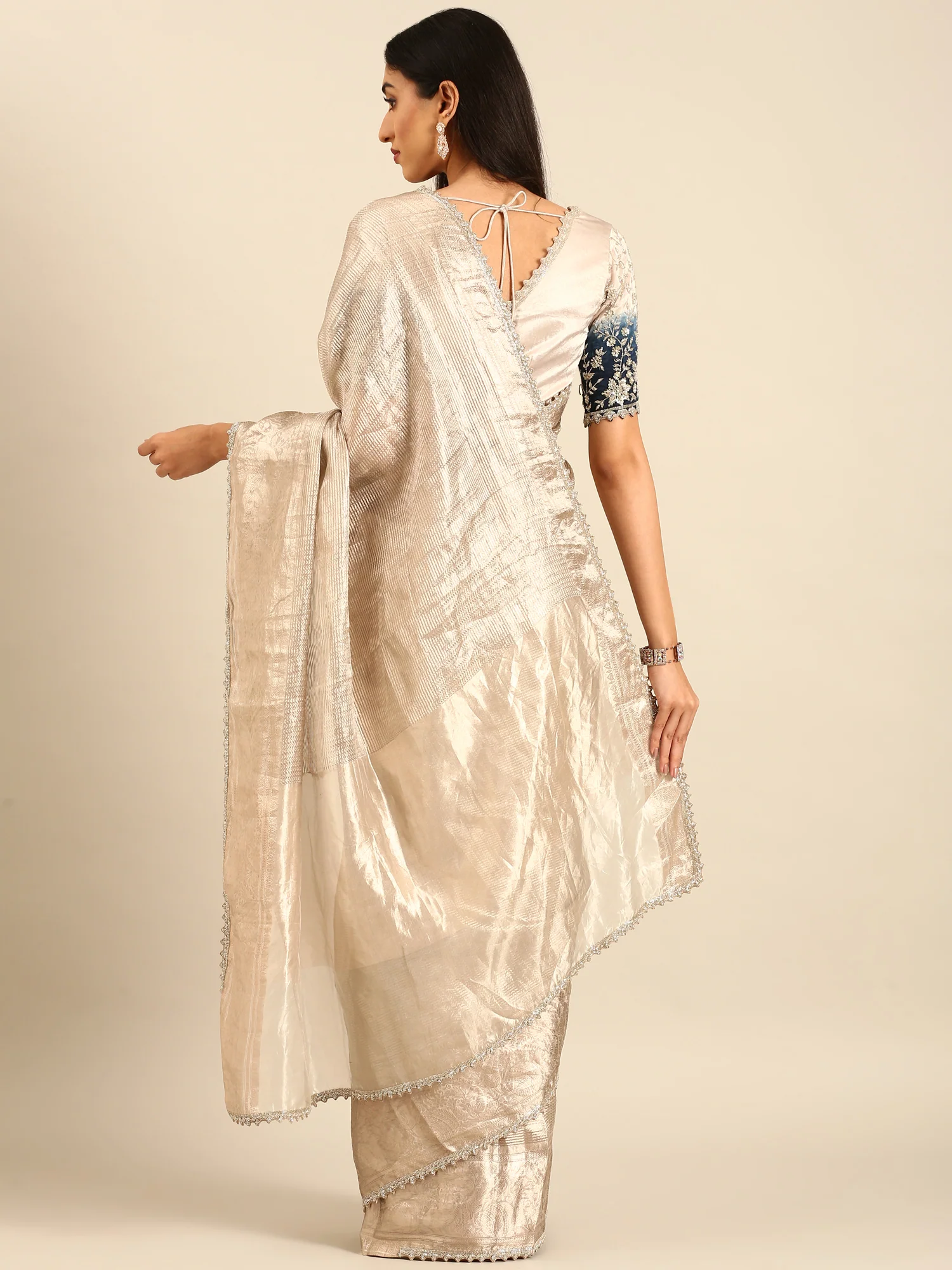 Silver Tissue Zari Saree With Hand Embroidery And Heavy Ready Made Blouse - Image 2