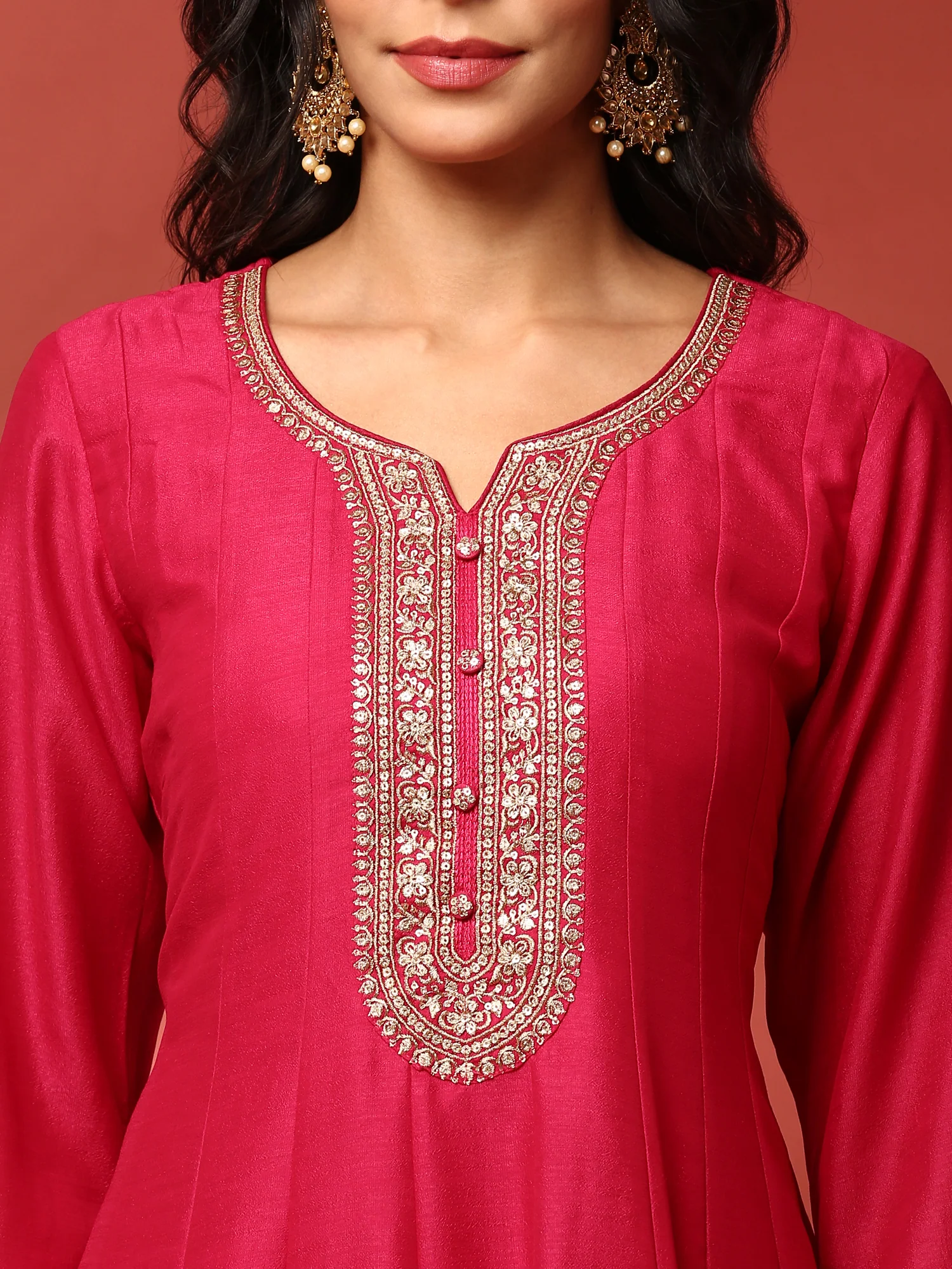 Sindoori pink silk embroidered Three piece anarkali set - Image 4