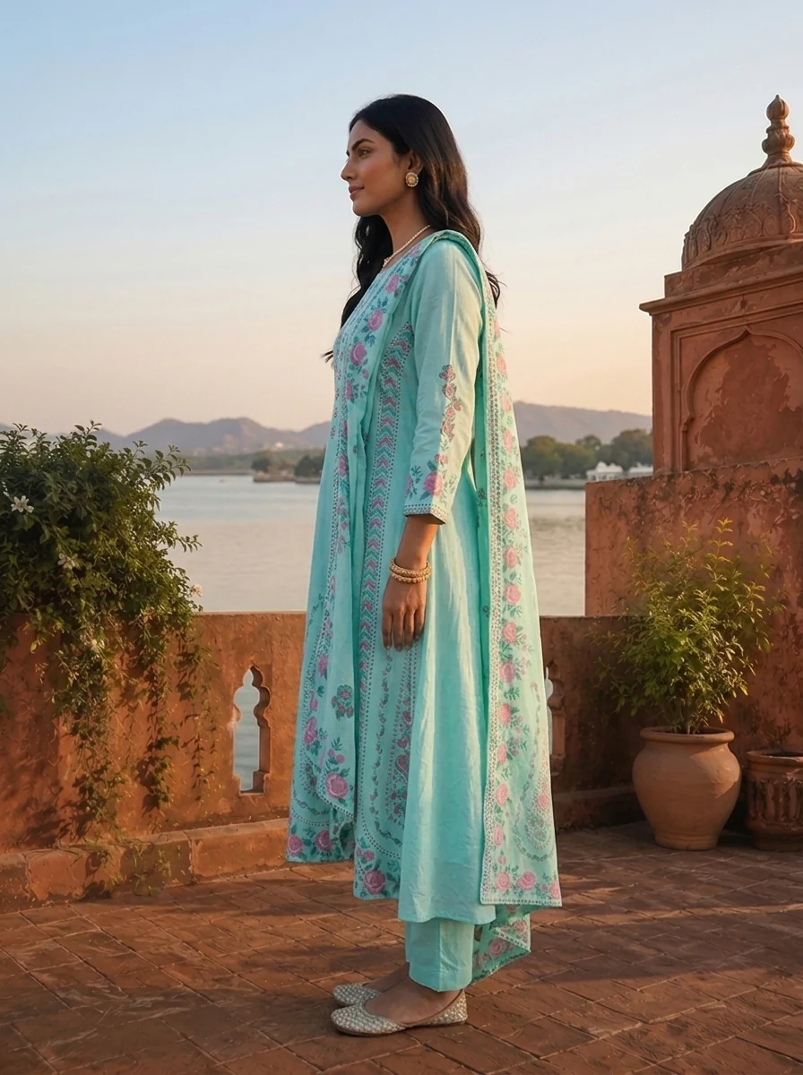 Sky Blue Cotton Arrow Panels Printed Three Piece Set - Image 4