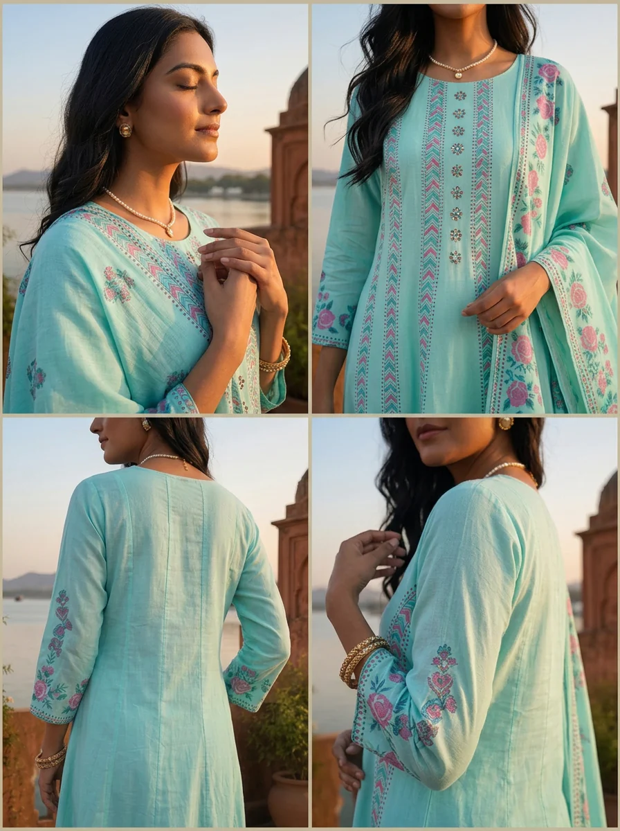 Sky Blue Cotton Arrow Panels Printed Three Piece Set - Image 5
