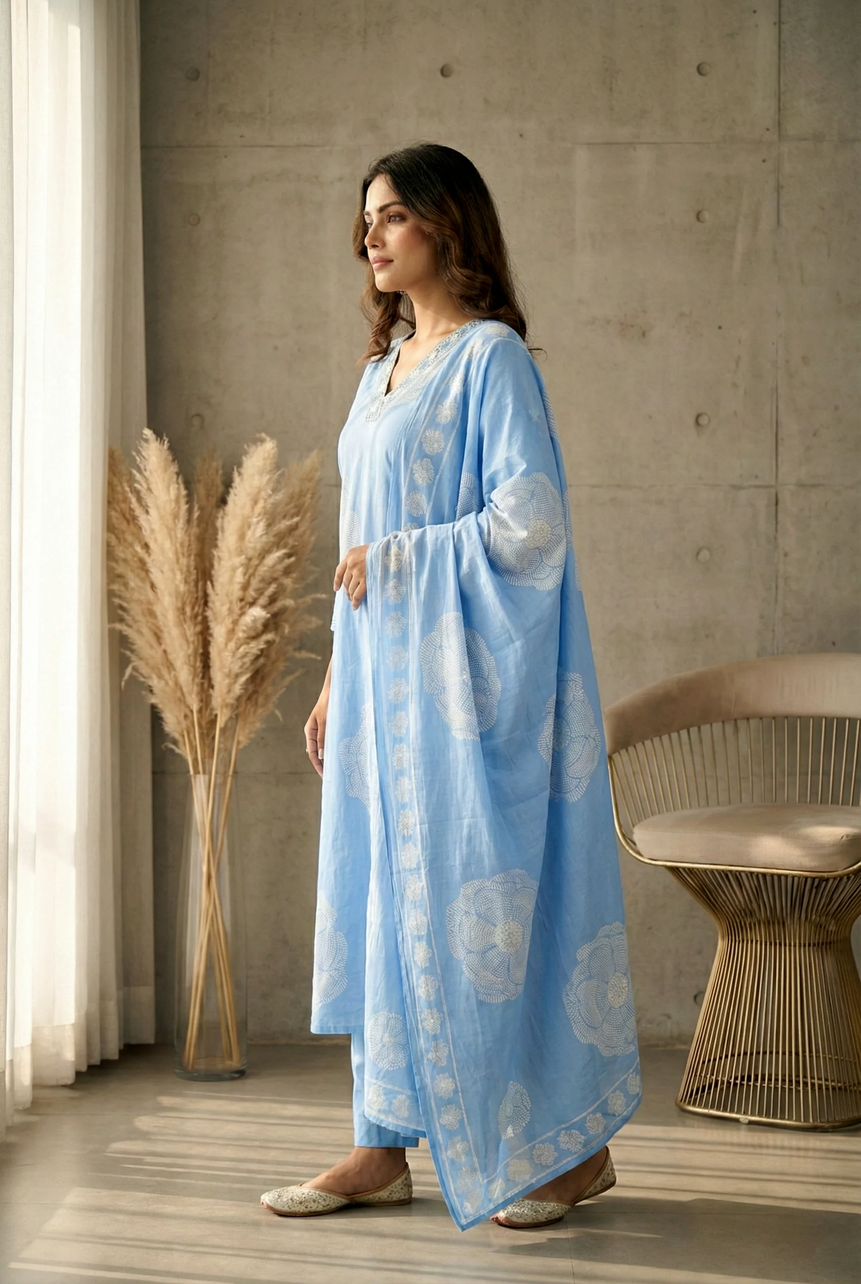 Sky Blue Cotton Floral Printed Three Piece Set - Image 2