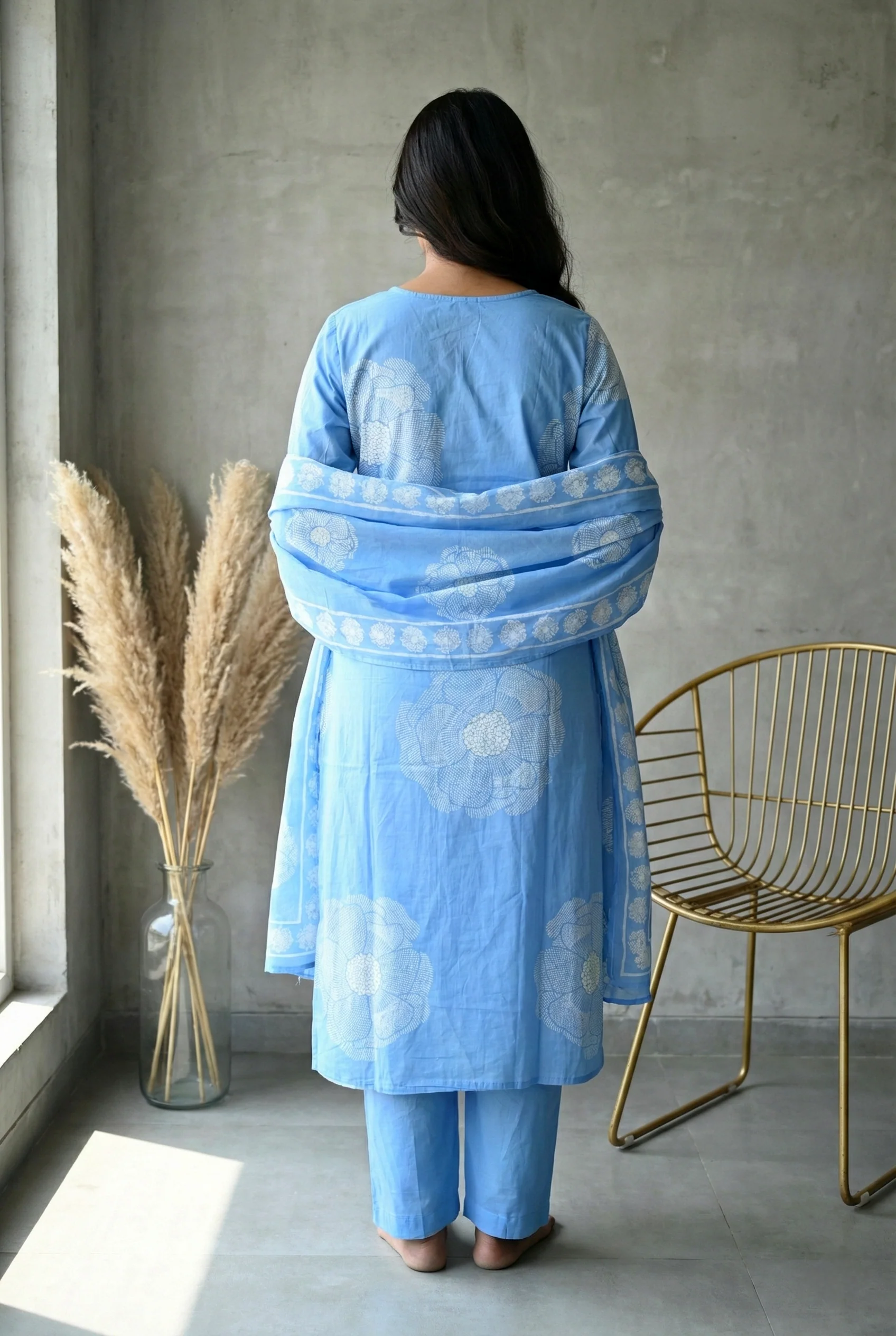 Sky Blue Cotton Floral Printed Three Piece Set - Image 3