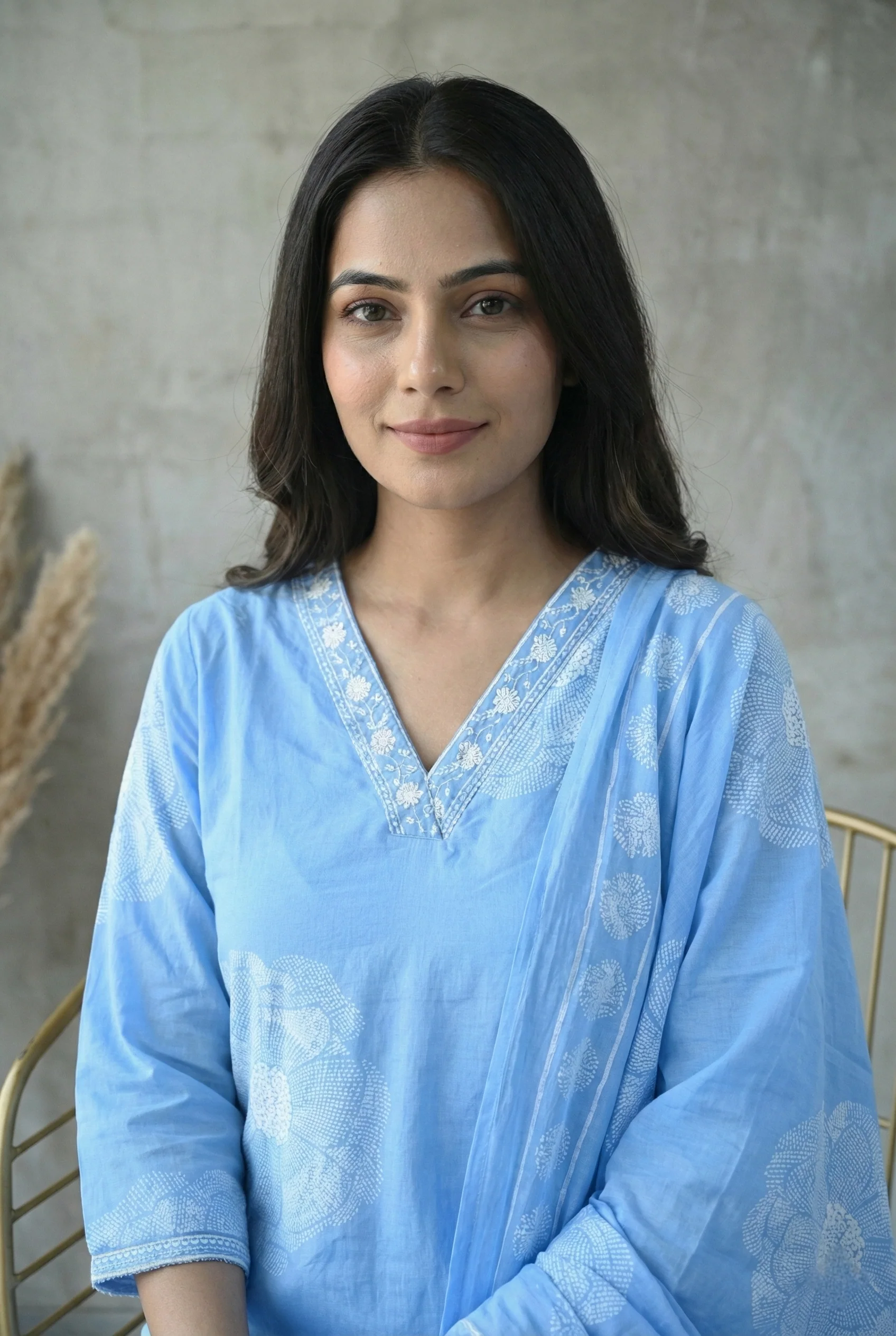 Sky Blue Cotton Floral Printed Three Piece Set - Image 4