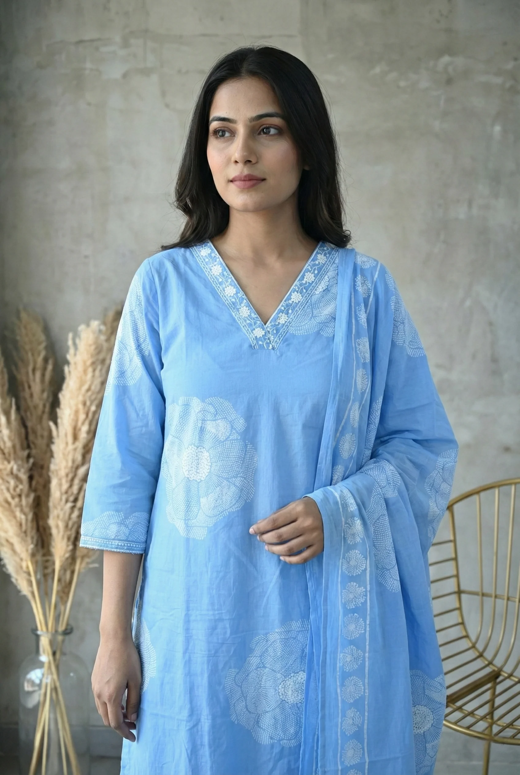 Sky Blue Cotton Floral Printed Three Piece Set - Image 5