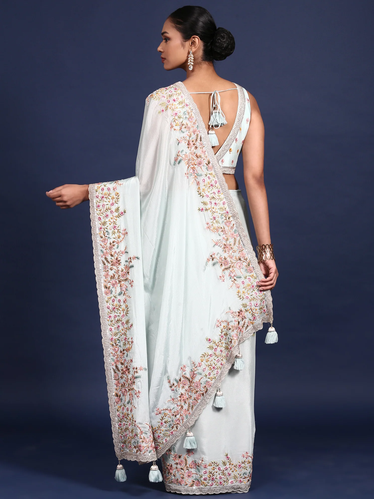 Sky Blue Crepe Embroidery Saree With Readymade Blouse - Image 2