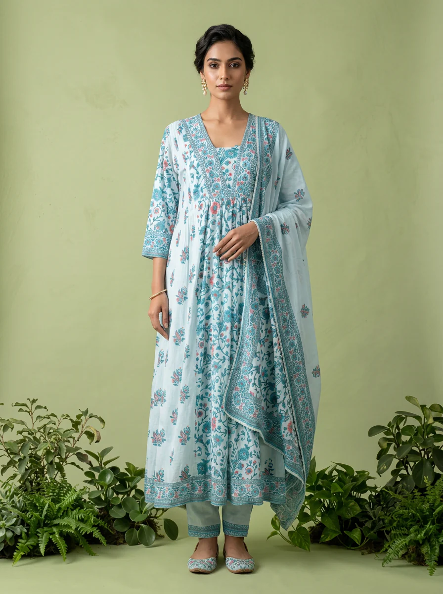 Sky Blue Floral Printed And Patch Embroidered Cotton Three Piece Set - Image 2