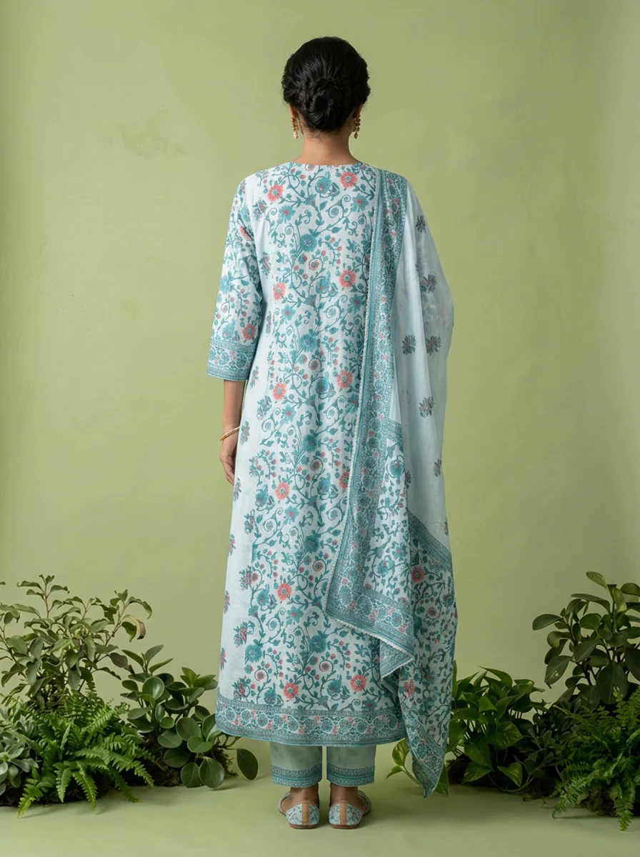 Sky Blue Floral Printed And Patch Embroidered Cotton Three Piece Set - Image 3
