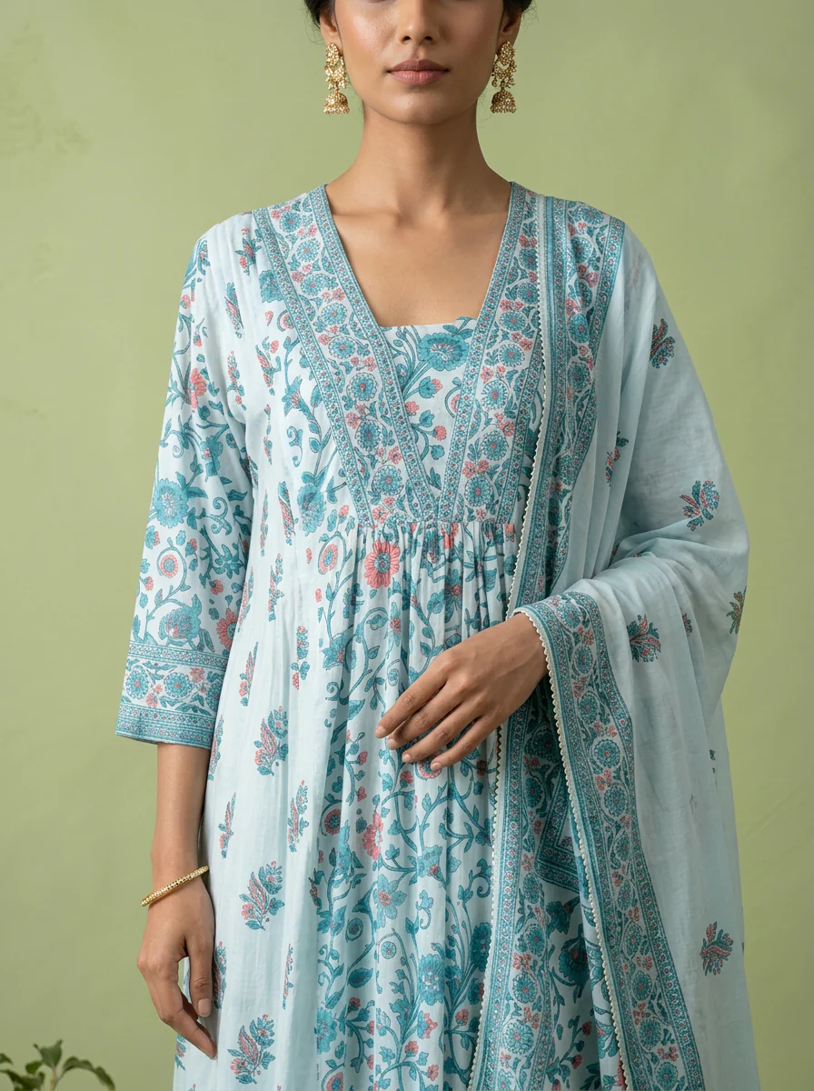 Sky Blue Floral Printed And Patch Embroidered Cotton Three Piece Set - Image 4