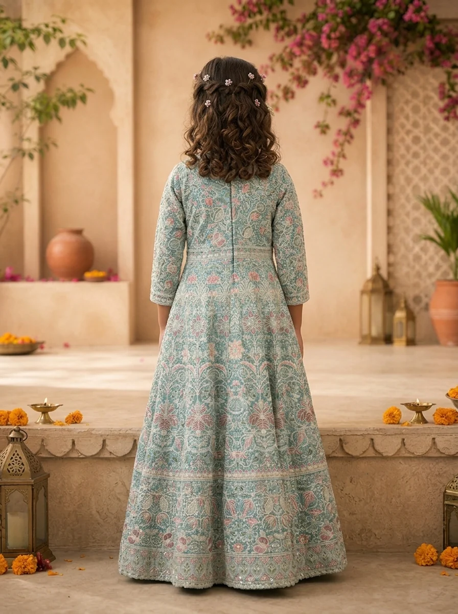 Sky Blue Georgette Traditional Ajrakh Block Embroidered Dress - Image 2