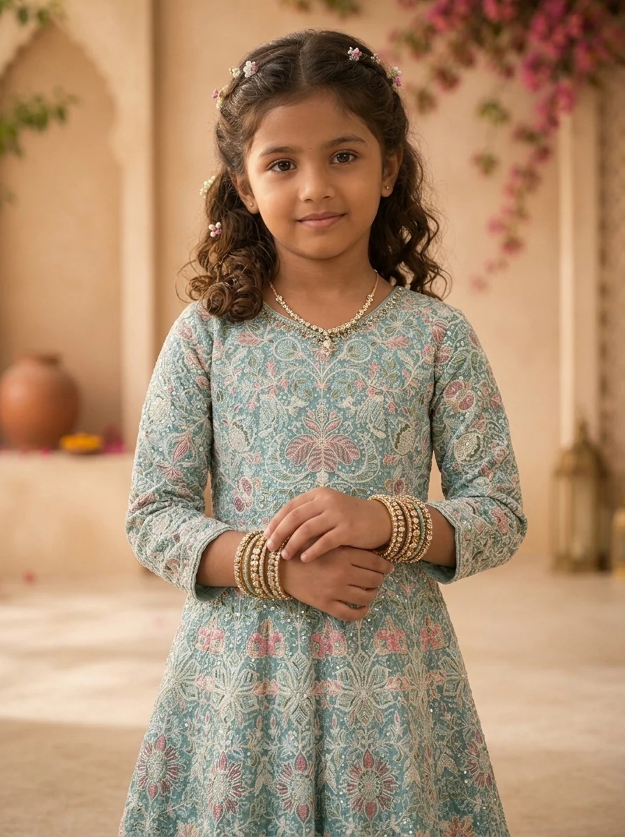 Sky Blue Georgette Traditional Ajrakh Block Embroidered Dress - Image 4