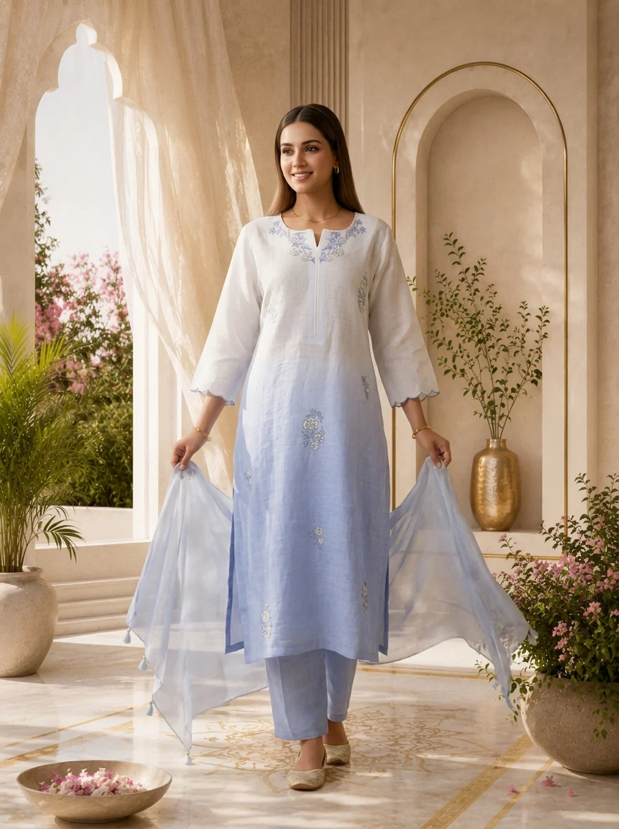 Sky Blue Hand Embroidered Linen Three Piece Set - Image 2