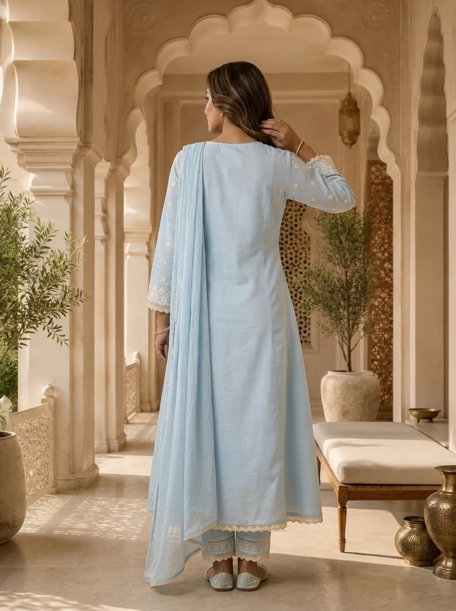 Sky Blue Heavy Floral Thread Embroidered Three Piece Set - Image 3