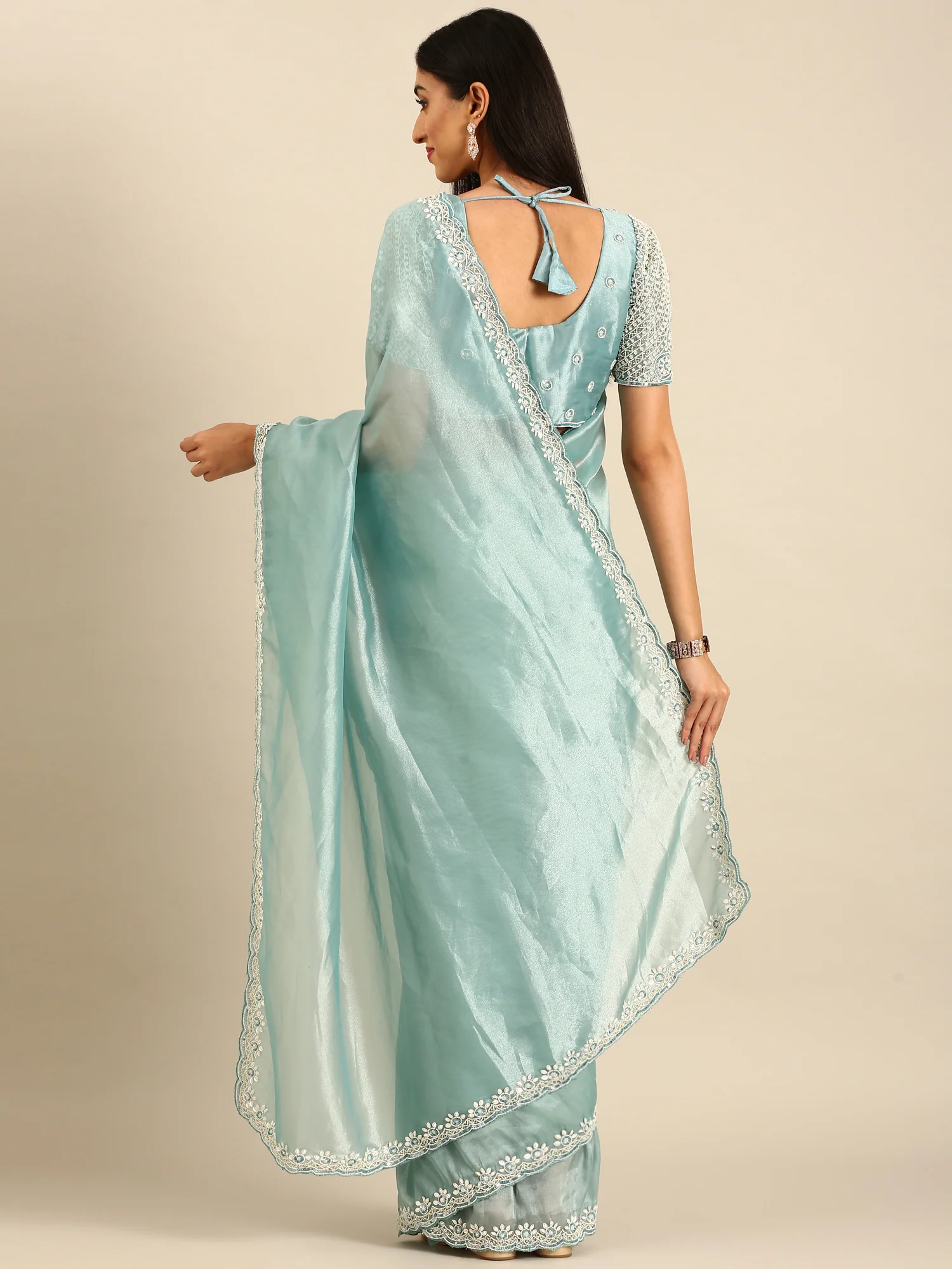 Sky blue Jimmy tissue saree with pearls & beads embroidery with heavy ready made blouse - Image 2