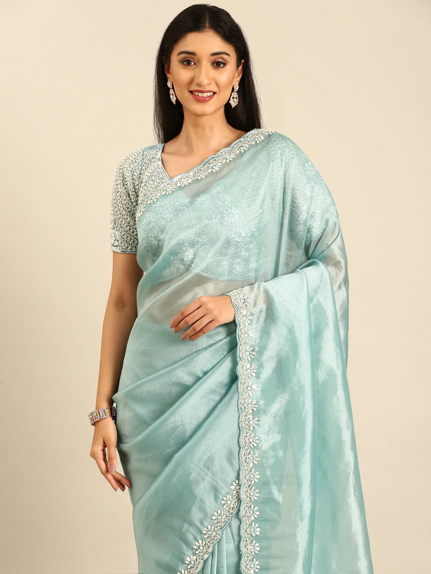Sky blue Jimmy tissue saree with pearls & beads embroidery with heavy ready made blouse - Image 3