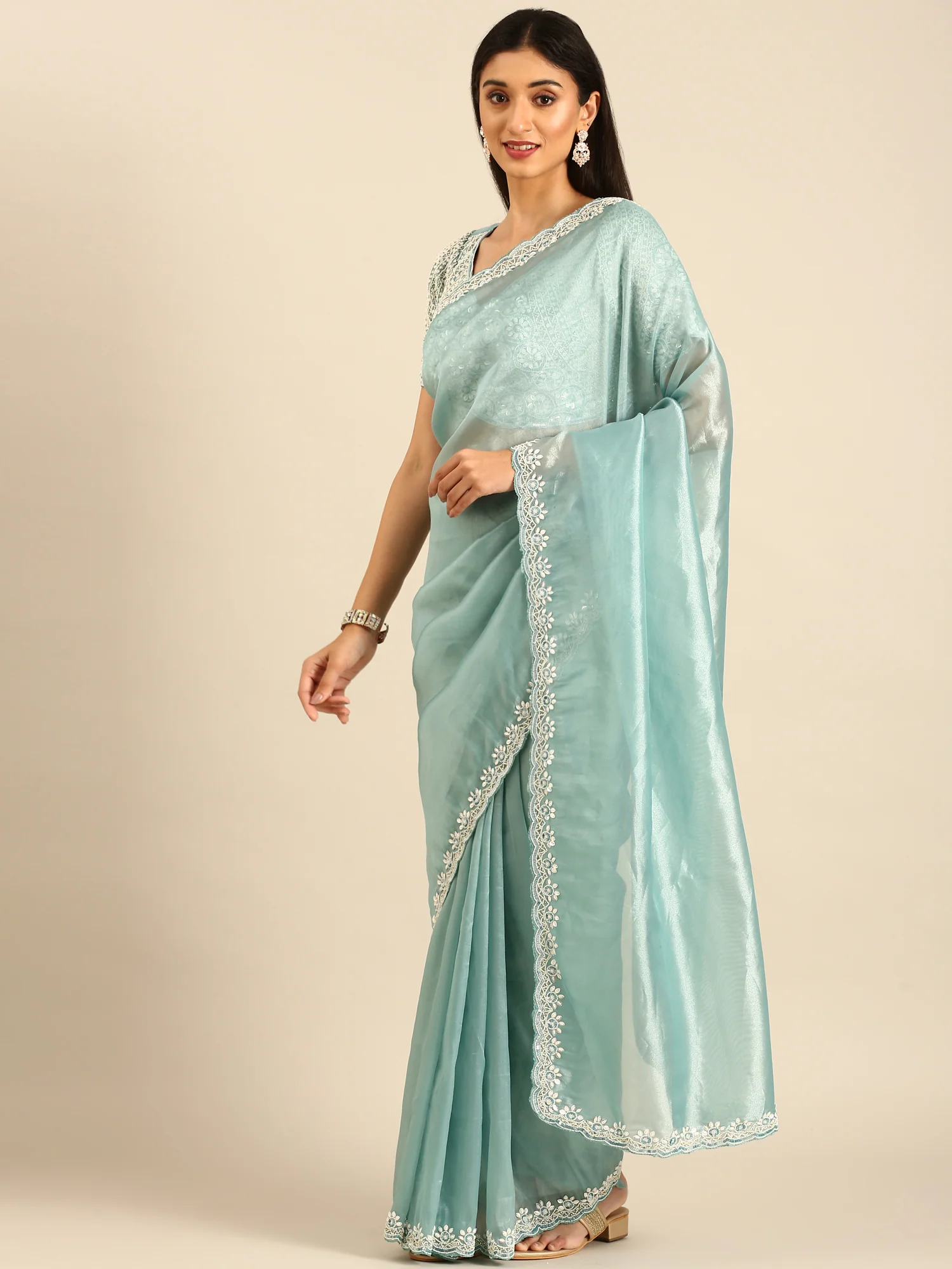 Sky blue Jimmy tissue saree with pearls & beads embroidery with heavy ready made blouse - Image 4
