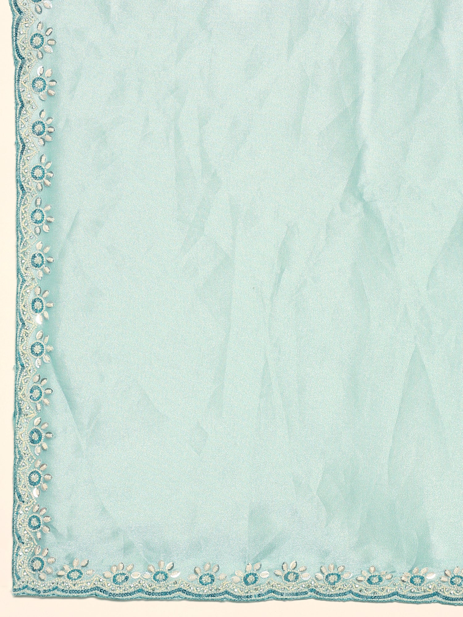 Sky blue Jimmy tissue saree with pearls & beads embroidery with heavy ready made blouse - Image 5