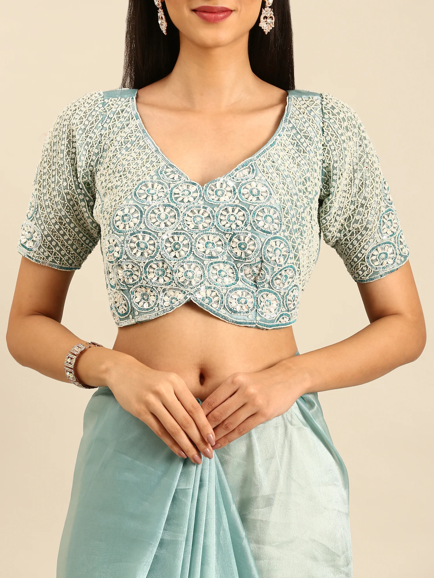 Sky blue Jimmy tissue saree with pearls & beads embroidery with heavy ready made blouse - Image 6