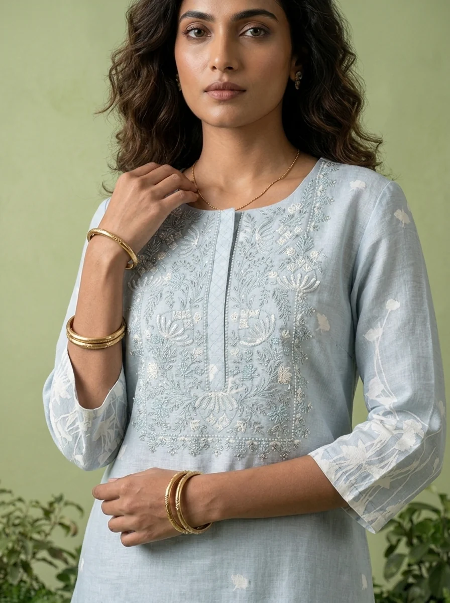 Sky Blue Linen Floral Printed Two Piece Set - Image 4