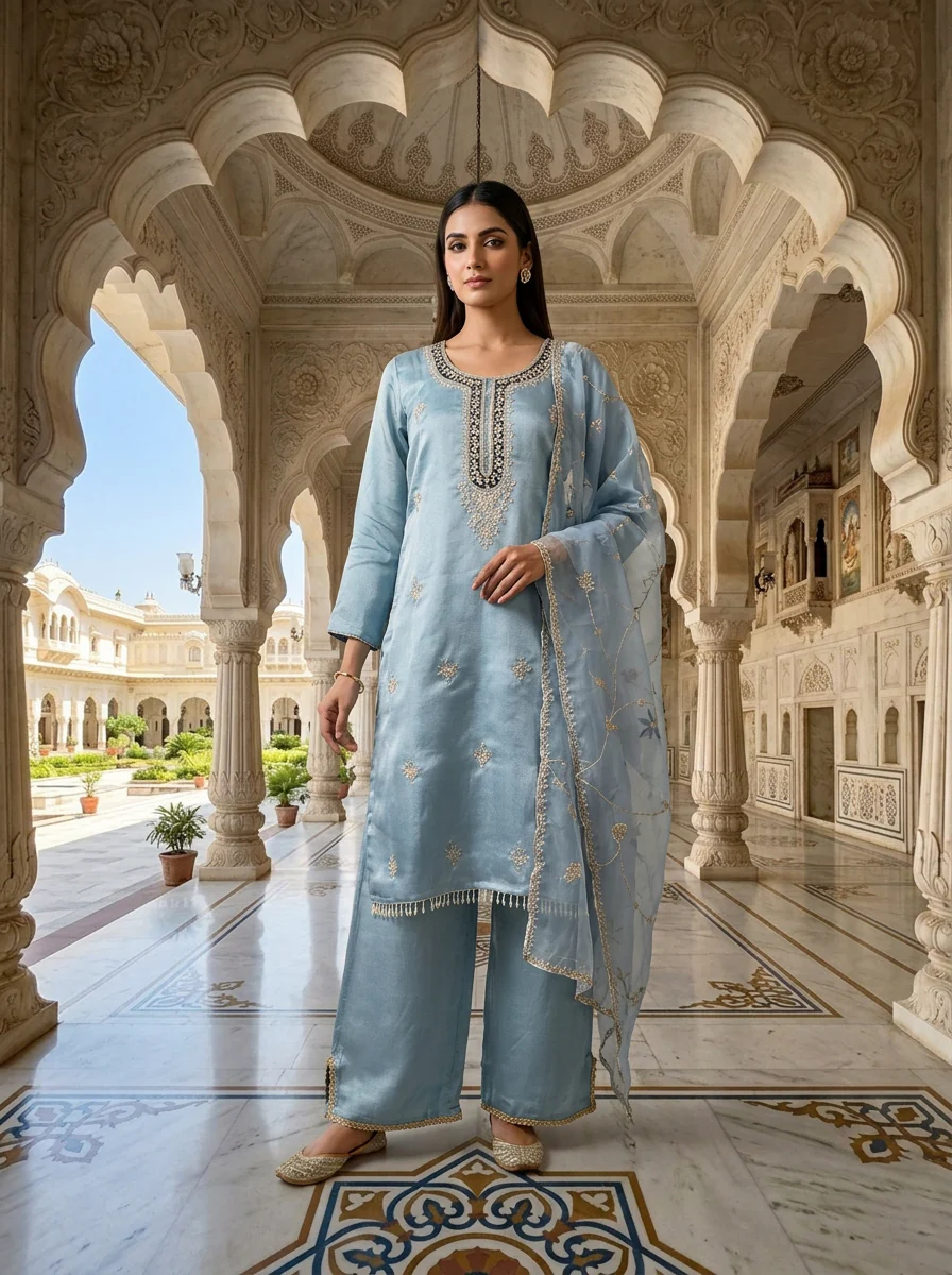 Sky Blue Organza Heavy Sequins Zari Embroidered Three Piece Set