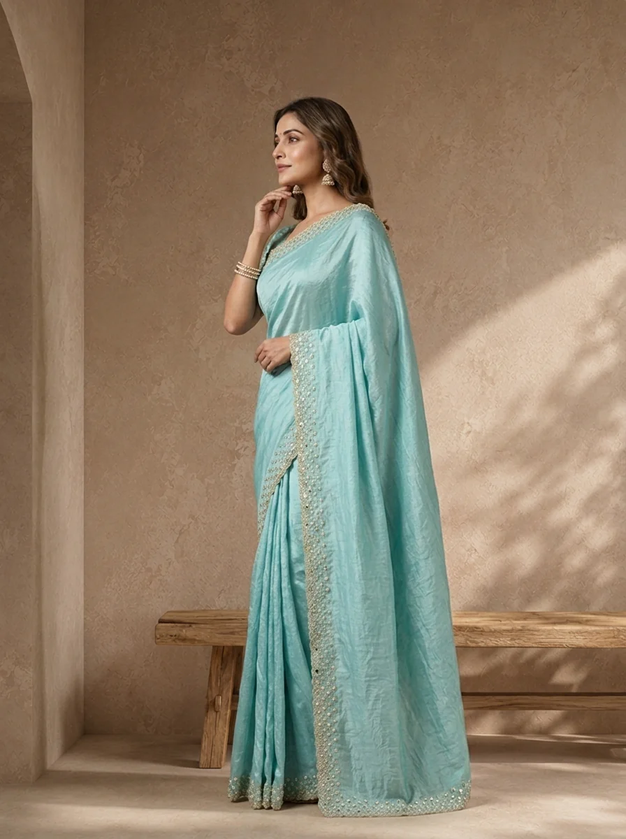 Sky Blue Organza Solid Saree With Mirror And Pearl Border - Image 2