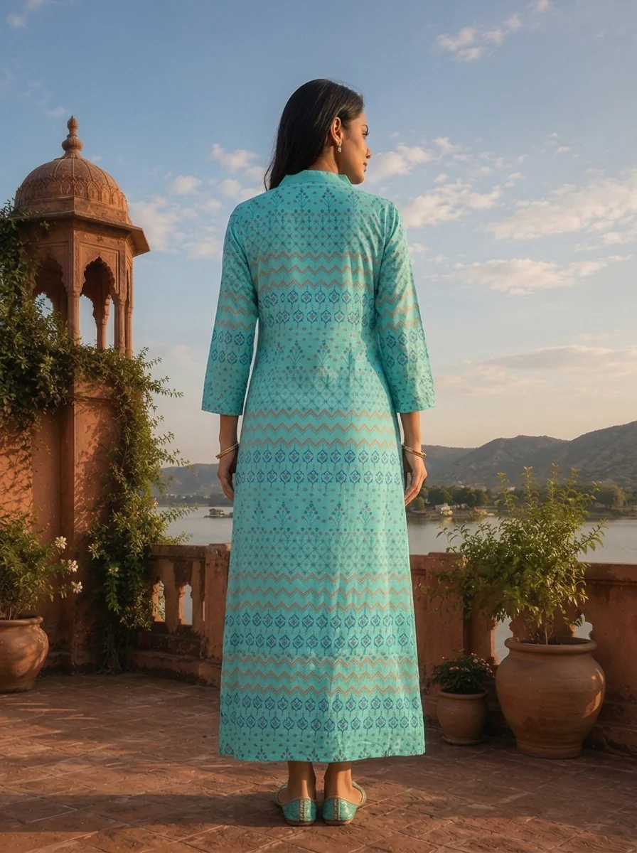 Sky Blue Rayon Geometric Buti Printed Kurta - Image 2