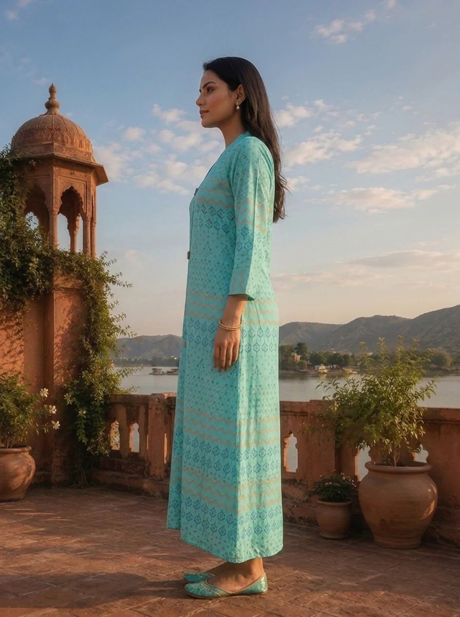 Sky Blue Rayon Geometric Buti Printed Kurta - Image 3